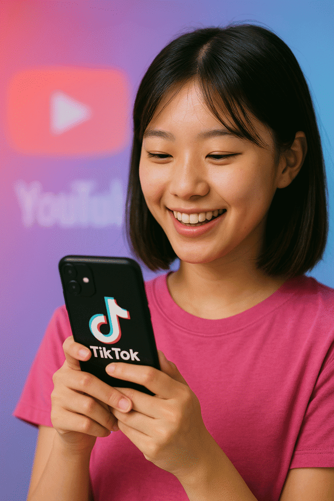 Young Japanese Gen Z using TikTok on phone, showing why Gen Z in Japan prefers TikTok over YouTube.